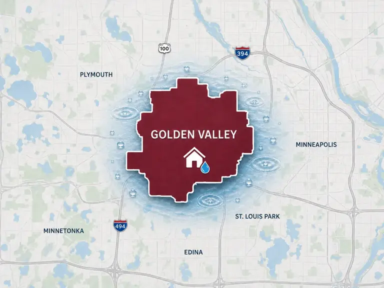 Map of Ungerman's water damage restoration service area in Golden Valley, MN