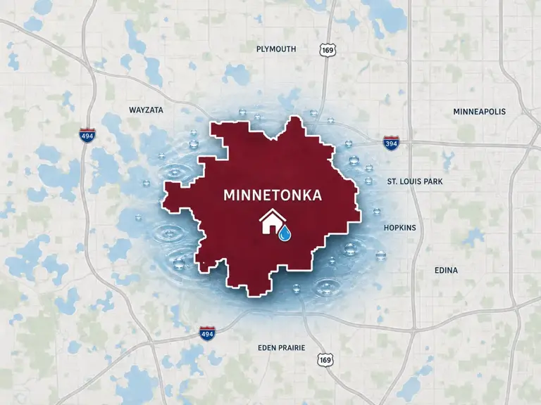 Map of Ungerman's water damage restoration service area in Minnetonka, MN