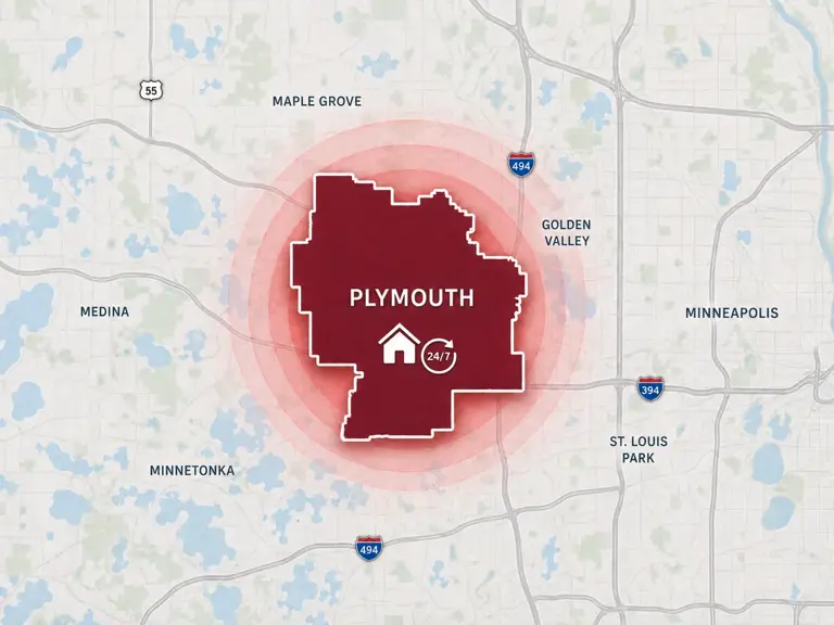 Map of Ungerman's 24/7 emergency service area in Plymouth, MN