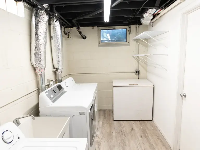 Rebuilt basement laundry room with painted walls, plank flooring, new utility sink, and open shelving