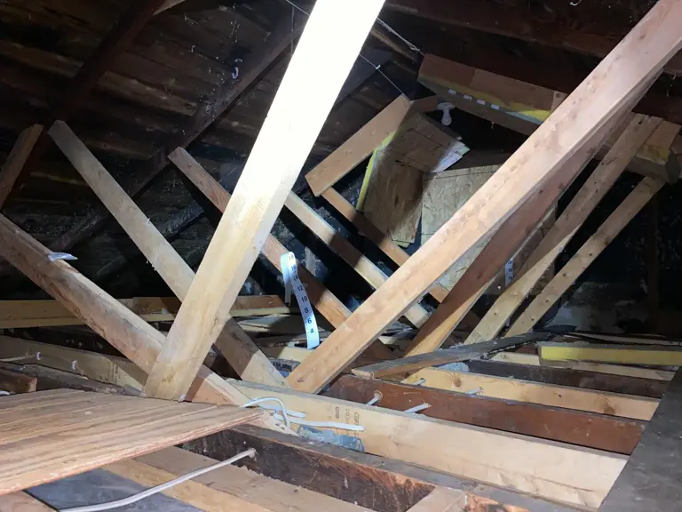 Storm-damaged roof framing seen from inside the roof space, with snapped rafters, torn sheathing, and bracing timbers after a tree fell through the roof