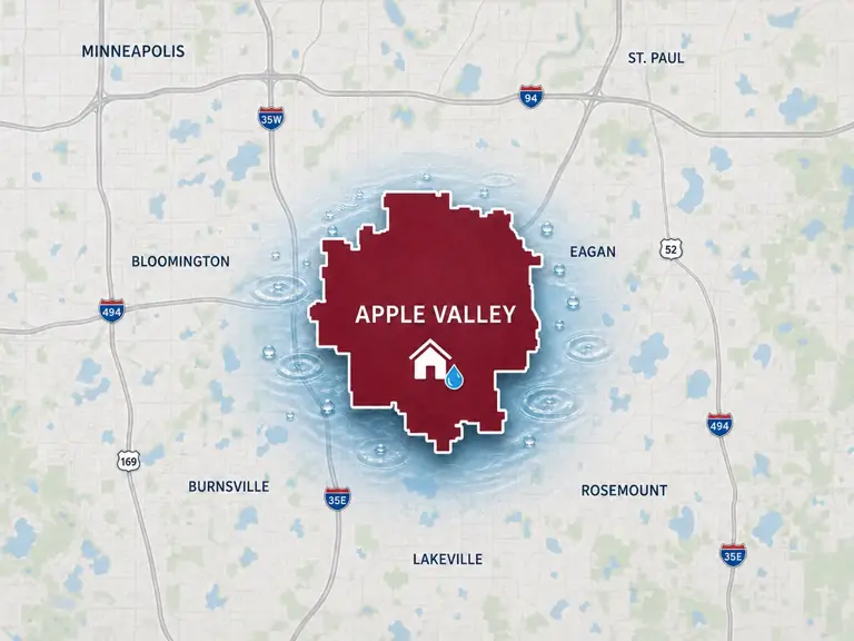 Map of Ungerman's water damage restoration service area in Apple Valley, MN