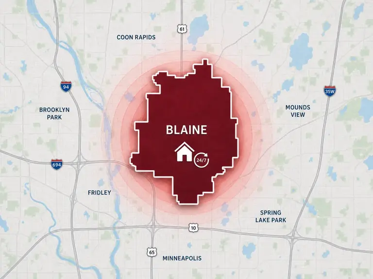 Map of Ungerman's 24/7 emergency service area in Blaine, MN