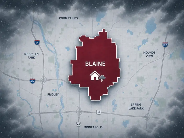 Map of Ungerman's storm and hail damage repair service area in Blaine, MN