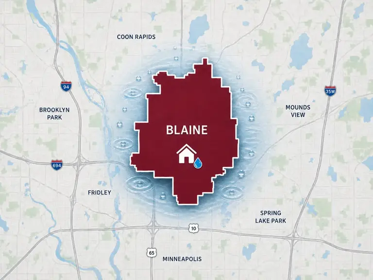 Map of Ungerman's water damage restoration service area in Blaine, MN