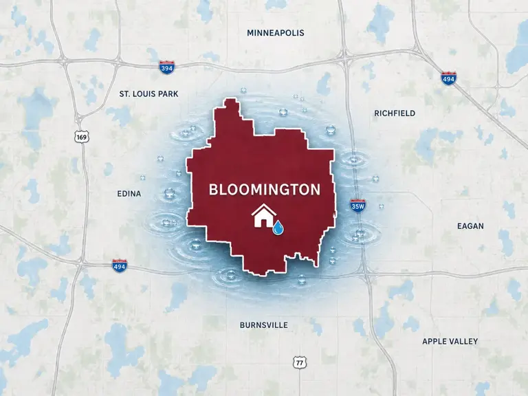 Map of Ungerman's water damage restoration service area in Bloomington, MN