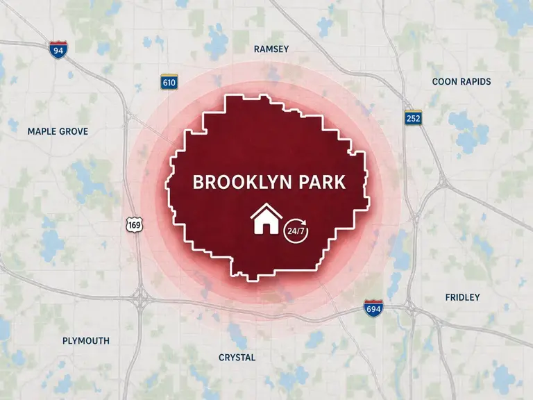 Map of Ungerman's 24/7 emergency service area in Brooklyn Park, MN