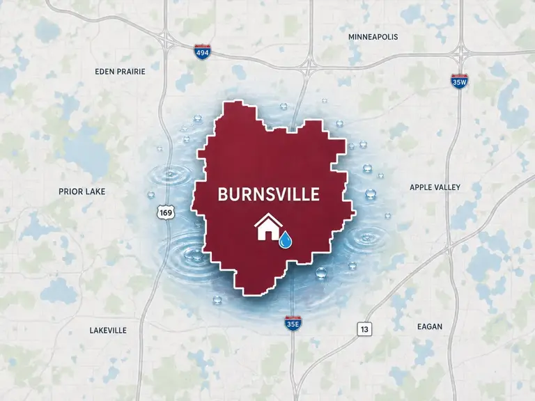 Map of Ungerman's water damage restoration service area in Burnsville, MN