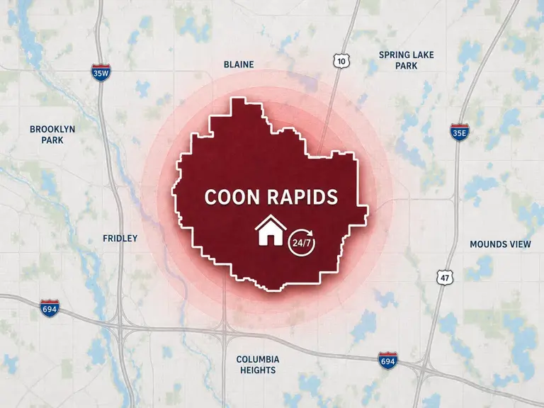 Map of Ungerman's 24/7 emergency service area in Coon Rapids, MN