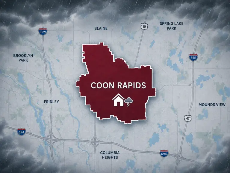 Map of Ungerman's storm and hail damage repair service area in Coon Rapids, MN