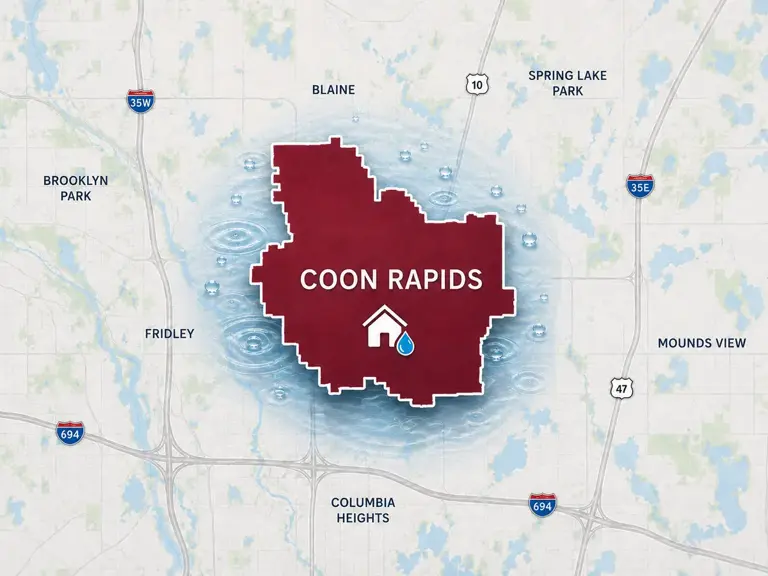 Map of Ungerman's water damage restoration service area in Coon Rapids, MN