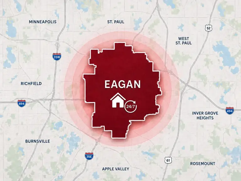 Map of Ungerman's 24/7 emergency service area in Eagan, MN