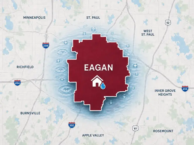 Map of Ungerman's water damage restoration service area in Eagan, MN