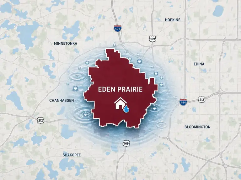 Map of Ungerman's water damage restoration service area in Eden Prairie, MN