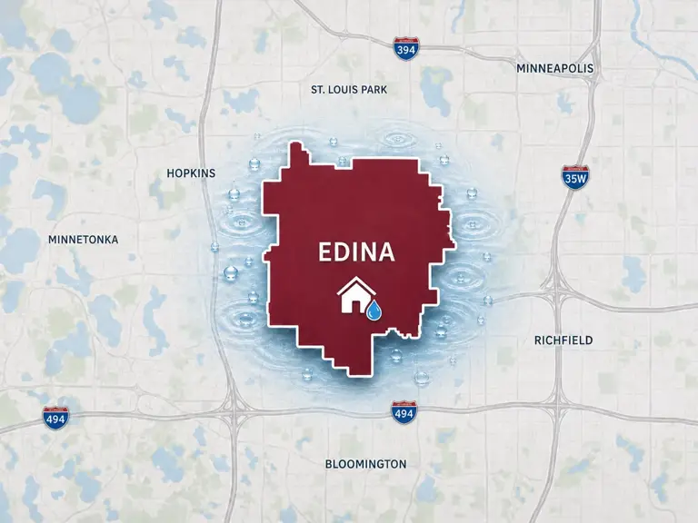 Map of Ungerman's water damage restoration service area in Edina, MN
