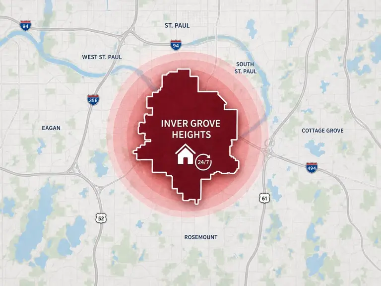 Map of Ungerman's 24/7 emergency service area in Inver Grove Heights, MN