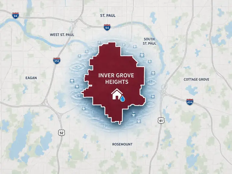 Map of Ungerman's water damage restoration service area in Inver Grove Heights, MN