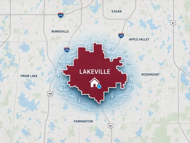 Map of Ungerman's water damage restoration service area in Lakeville, MN