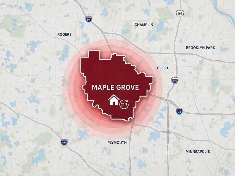 Map of Ungerman's 24/7 emergency service area in Maple Grove, MN