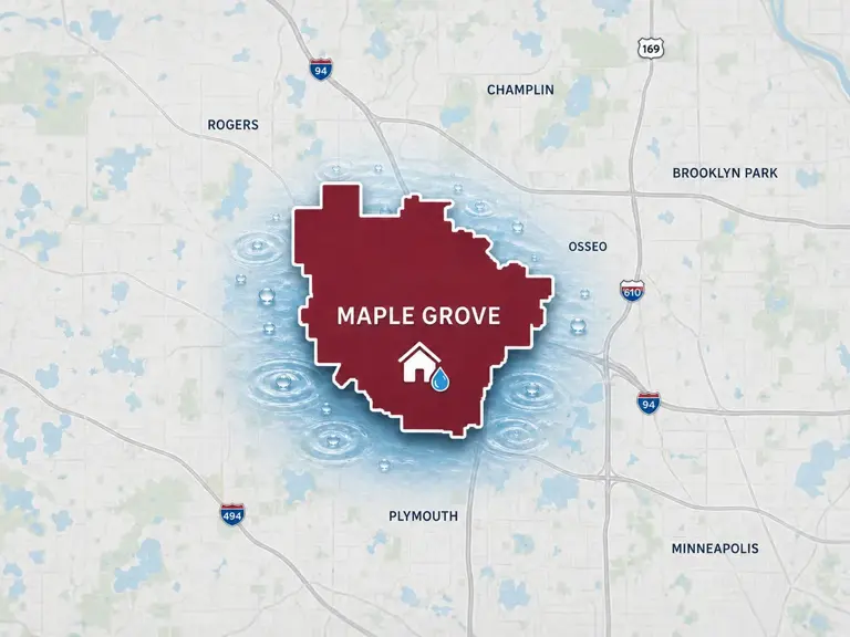 Map of Ungerman's water damage restoration service area in Maple Grove, MN