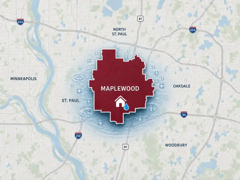 Map of Ungerman's water damage restoration service area in Maplewood, MN