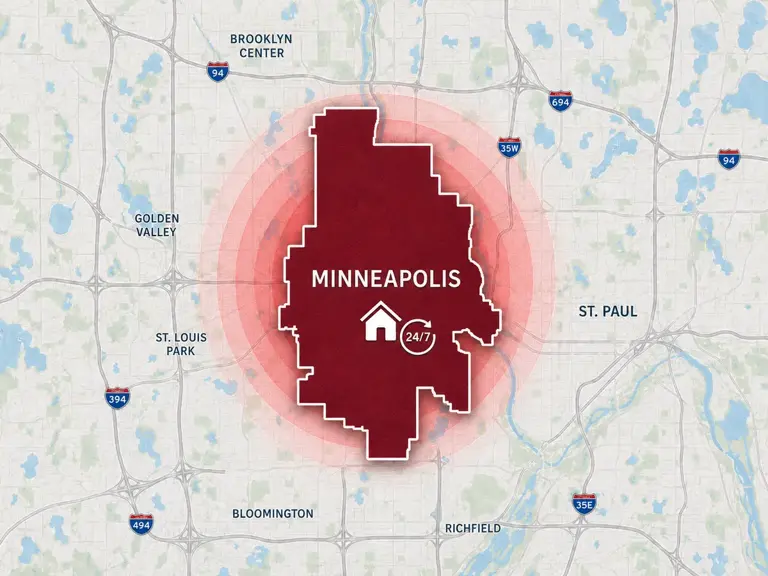 Map of Ungerman's 24/7 emergency service area in Minneapolis, MN