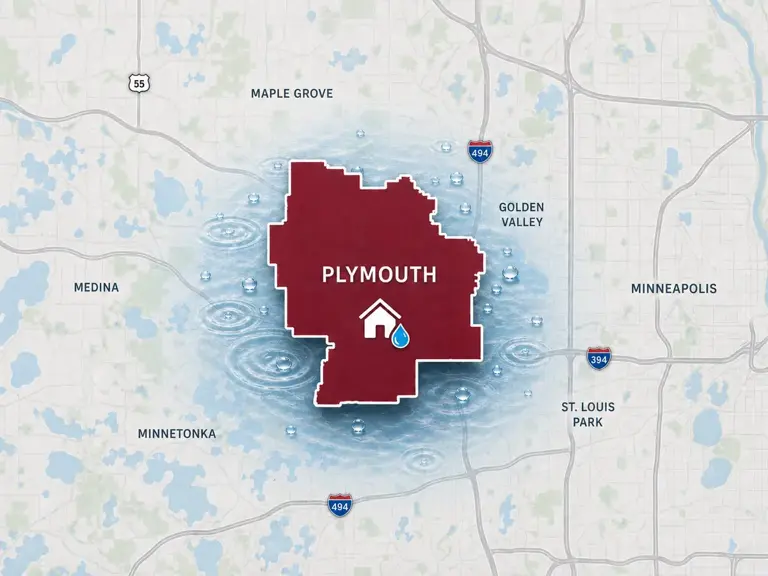 Map of Ungerman's water damage restoration service area in Plymouth, MN