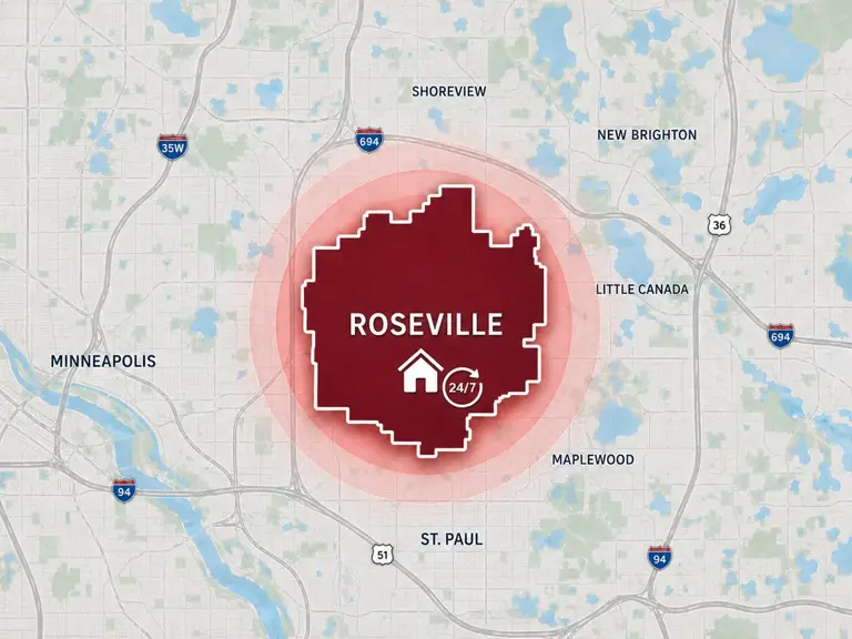 Map of Ungerman's 24/7 emergency service area in Roseville, MN