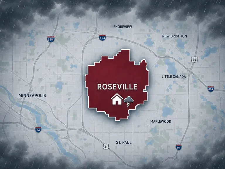 Map of Ungerman's storm and hail damage repair service area in Roseville, MN