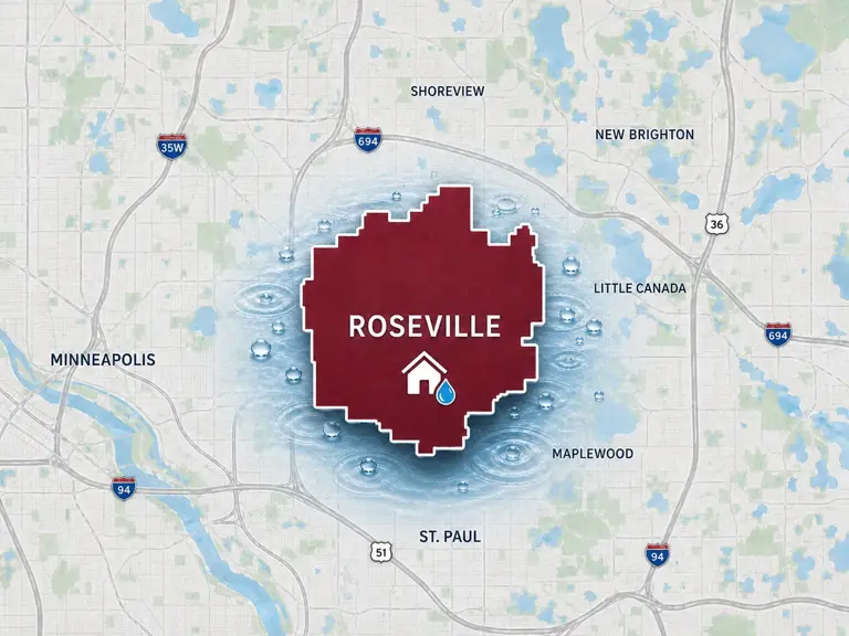 Map of Ungerman's water damage restoration service area in Roseville, MN