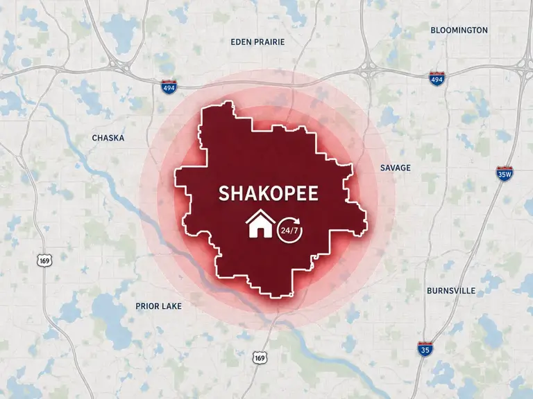 Map of Ungerman's 24/7 emergency service area in Shakopee, MN