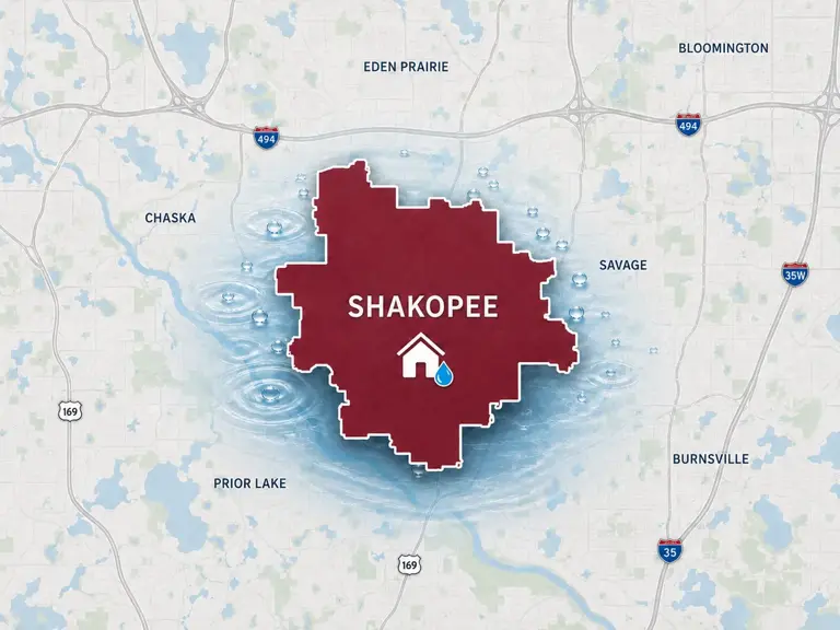 Map of Ungerman's water damage restoration service area in Shakopee, MN