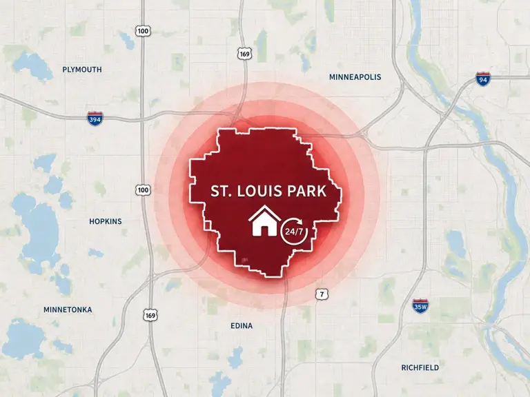 Map of Ungerman's 24/7 emergency service area in St. Louis Park, MN