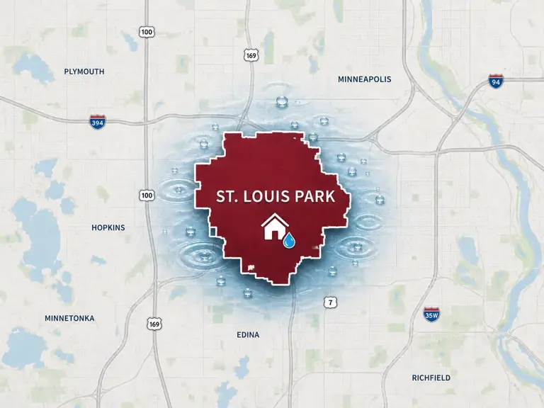 Map of Ungerman's water damage restoration service area in St. Louis Park, MN