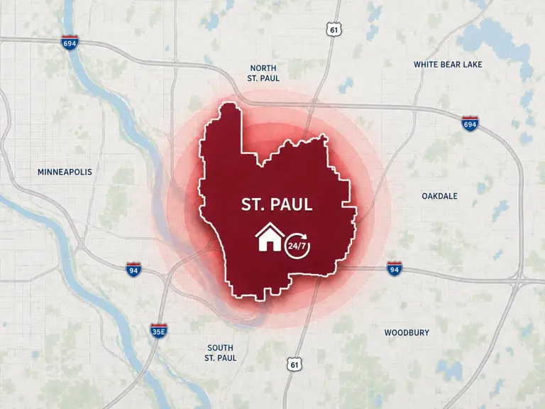 Map of Ungerman's 24/7 emergency service area in St. Paul, MN