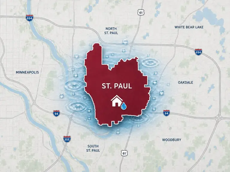 Map of Ungerman's water damage restoration service area in St. Paul, MN