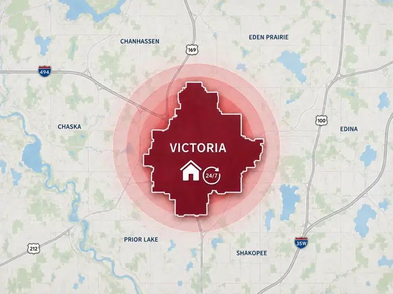 Map of Ungerman's 24/7 emergency service area in Victoria, MN