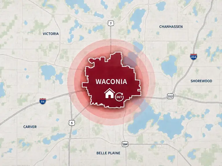 Map of Ungerman's 24/7 emergency service area in Waconia, MN