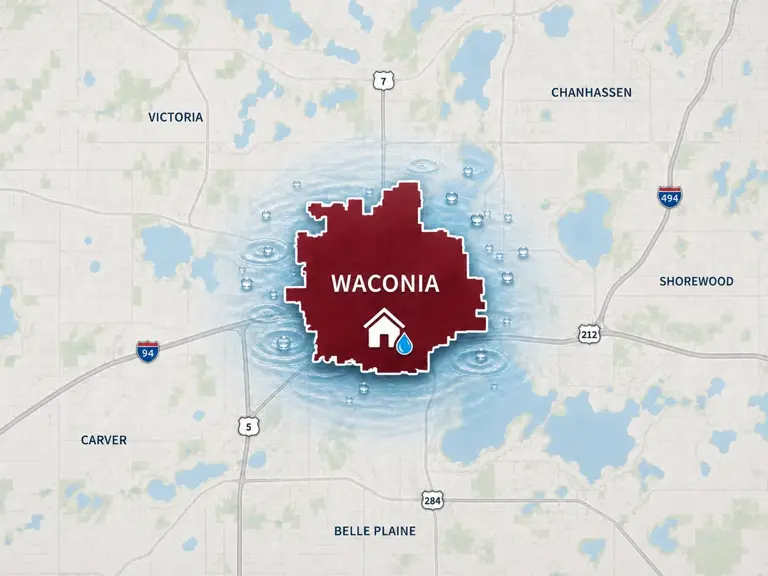 Map of Ungerman's water damage restoration service area in Waconia, MN