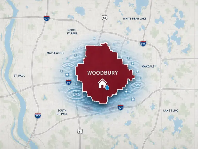 Map of Ungerman's water damage restoration service area in Woodbury, MN