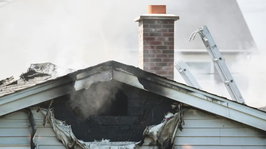 House with severe fire damage on the roof, smoke rising. A brick chimney is intact, with two ladders propped against the roof. Somber mood.