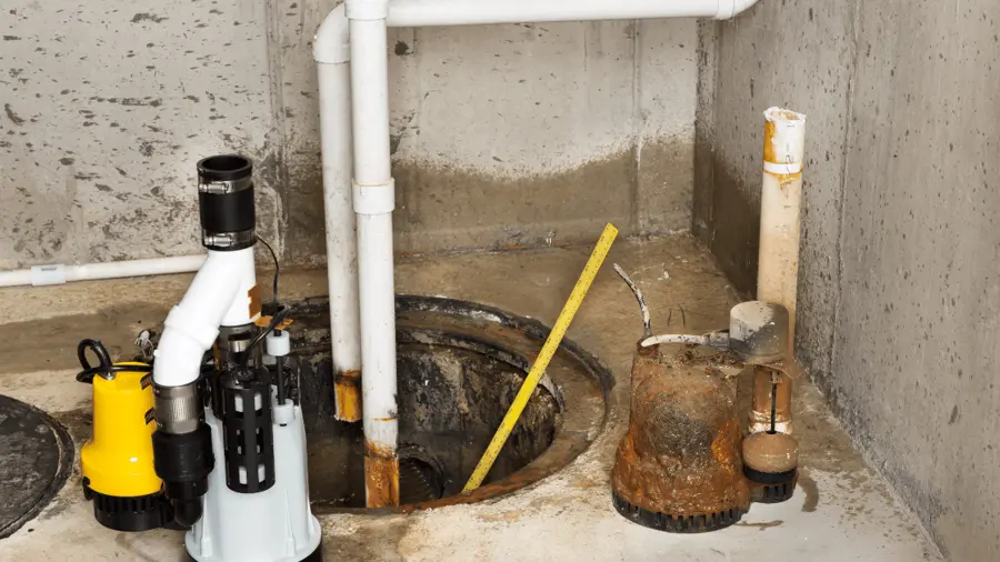 Sump pump system in a basement with multiple pipes, a yellow and black pump, and rust stains on concrete, conveying maintenance and repair needs. Ungerman Construction, Prior Lake, MN.