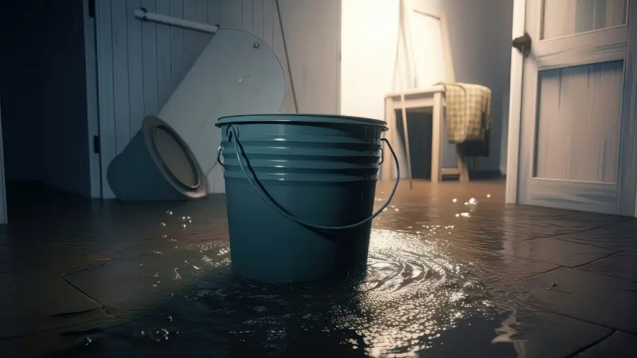 A dimly lit room shows a metal bucket catching water from a leak, with light reflecting off the wet floor. A bathtub is tipped over in the background.