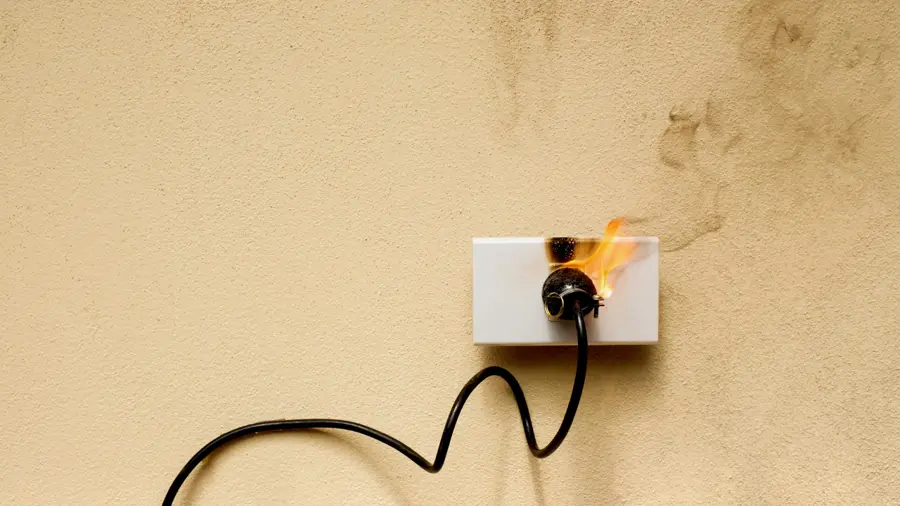 A white wall outlet with a black cord is on fire, releasing smoke against a beige background. The scene conveys urgency and electrical hazard.
