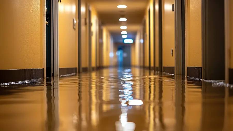 Flooded hallway with reflective water covering the floor, creating a mirror-like effect. The yellow walls and doors lead to a blurry exit sign, conveying urgency.