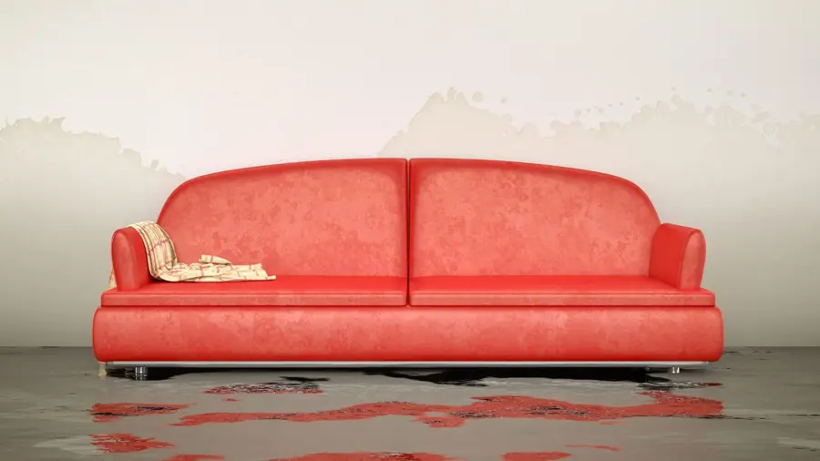 A sofa sitting in standing water in a flooded room