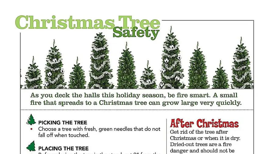 A Christmas tree safety infographic covering picking, placing, and lighting a tree