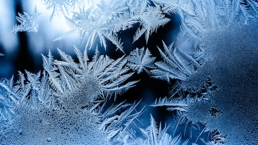 Close-up of intricate frost patterns on a window, displaying sharp, icy shapes in shades of blue. The image conveys a chilly, serene winter atmosphere.