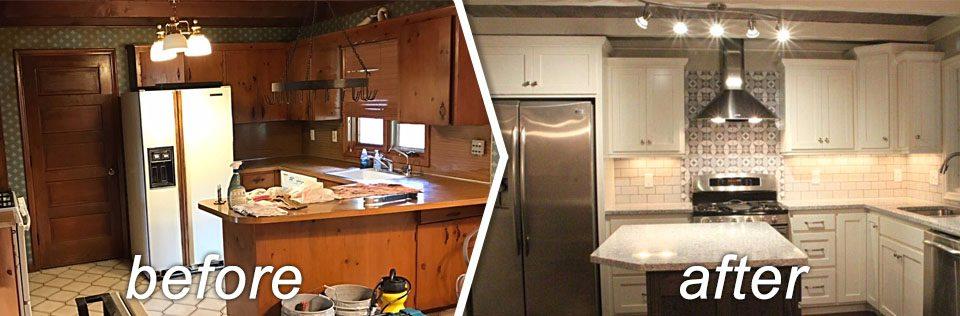 A before and after picture of a kitchen remodel.