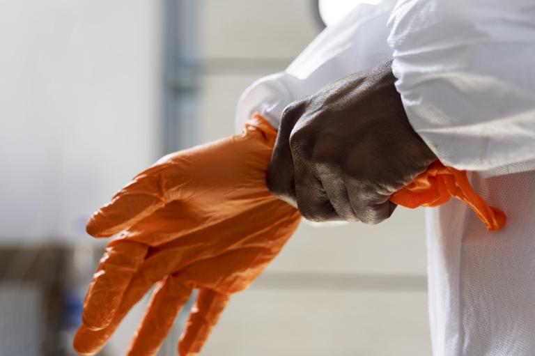 Worker putting on protective gloves before lead paint abatement work